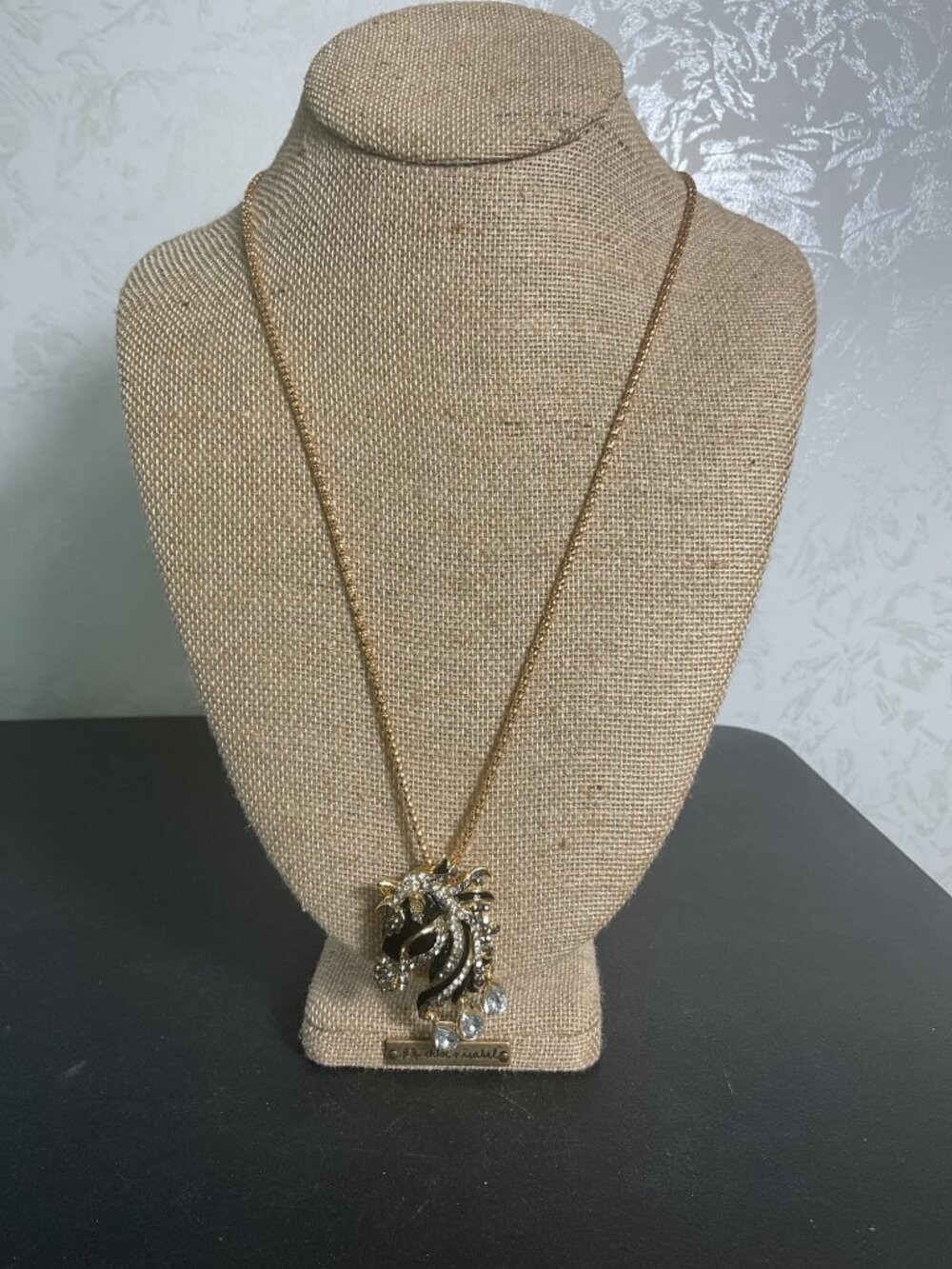Vintage Rhinestone Horse Pendant Necklace Gold Tone Enamel Teardrop Statement Pi